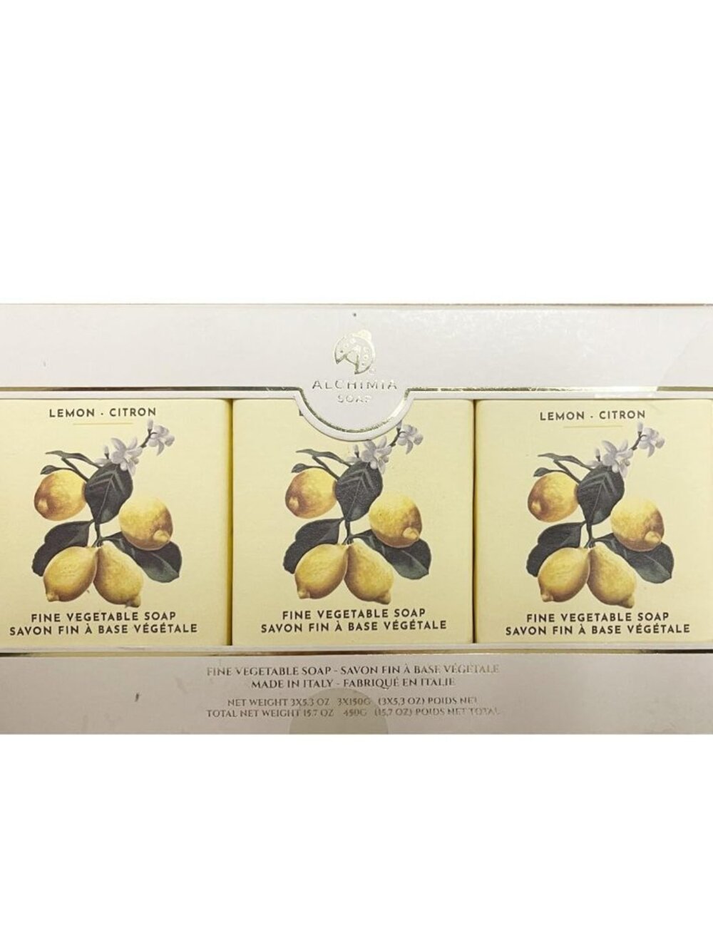 Alchimia Gift Set of 3 Fine Vegetable Soap Bar, Made In Italy, Lemon